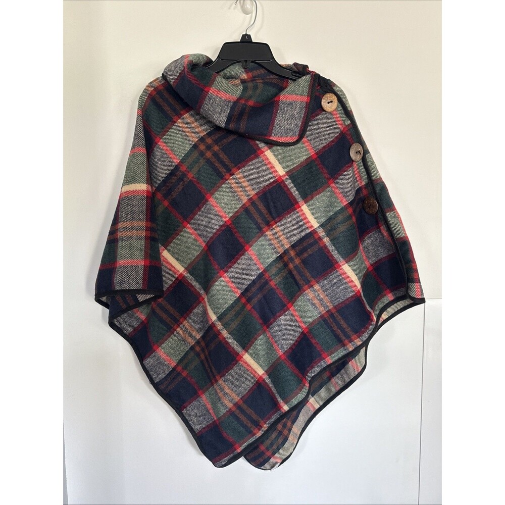 Poncho Blue,Green,Red,Tan Plaid With Big Buttons And Oversized Lapels One Size